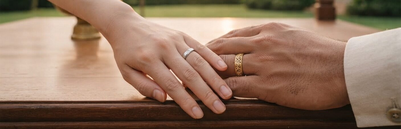 国際結婚の証として指輪を重ねる夫婦の手