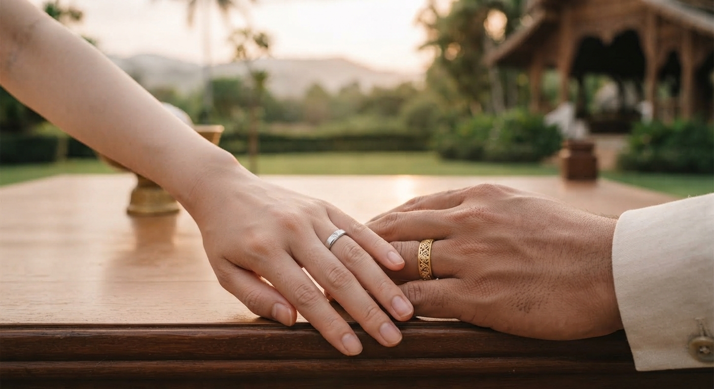 国際結婚の証として指輪を重ねる夫婦の手